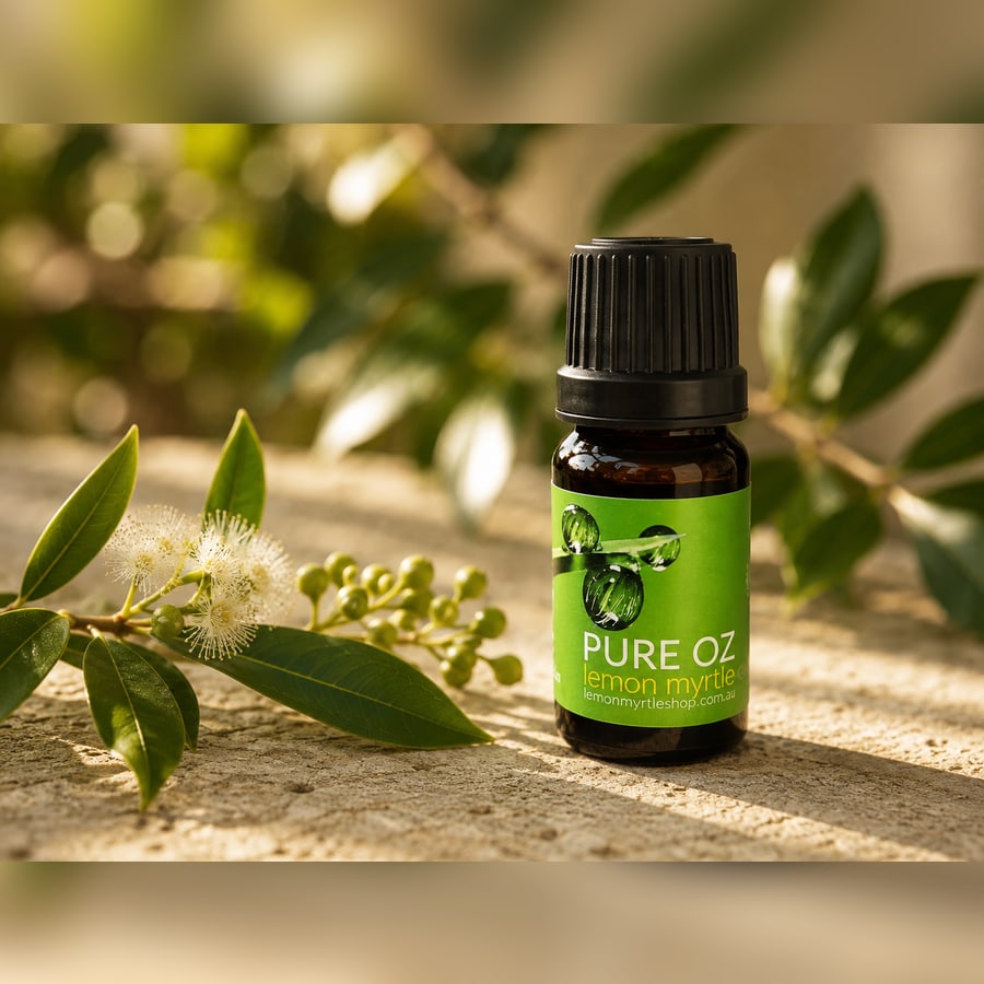Bottle of pure organic lemon myrtle oil